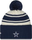 Men's Dallas Cowboys New Era Cream/Navy 2022 Sideline Sport Cuffed Pom Knit Hat