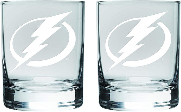 Tampa Bay Lightning Logo NHL Hockey Satin Etched Rocks Glass Set of Two 10oz
