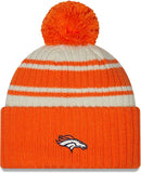 Men's Denver Broncos New Era Cream/Orange 2022 Sideline Sport Cuffed Pom Knit Hat