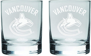 Vancouver Canucks Logo NHL Hockey Satin Etched Rocks Glass Set of Two 10oz