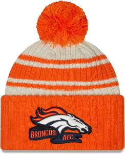 Men's Denver Broncos New Era Cream/Orange 2022 Sideline Sport Cuffed Pom Knit Hat