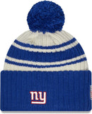 Men's New York Giants New Era Cream/Royal 2022 Sideline Sport Cuffed Pom Knit Hat