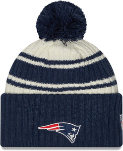 Men's New England Patriots New Era Cream/Navy 2022 Sideline Sport Cuffed Pom Knit Hat