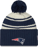 Men's New England Patriots New Era Cream/Navy 2022 Sideline Sport Cuffed Pom Knit Hat