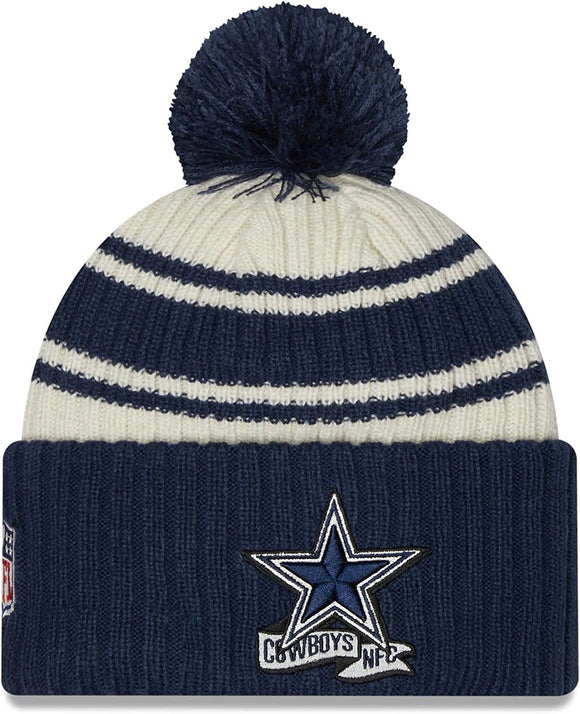 Men's Dallas Cowboys New Era Cream/Navy 2022 Sideline Sport Cuffed Pom Knit Hat