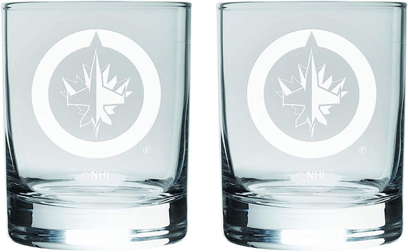 Winnipeg Jets Logo NHL Hockey Satin Etched Rocks Glass Set of Two 10oz