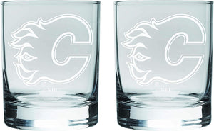 Calgary Flames Logo NHL Hockey Rocks Glass Set of Two 10 oz in Gift Box