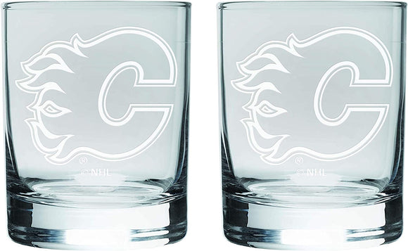 Calgary Flames Logo NHL Hockey Rocks Glass Set of Two 10 oz in Gift Box