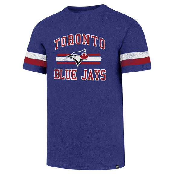 Men's Toronto Blue Jays '47 MLB Men's Stripe Knockaround Club Short Sleeves T-Shirt - Bleacher Bum Collectibles, Toronto Blue Jays, NHL , MLB, Toronto Maple Leafs, Hat, Cap, Jersey, Hoodie, T Shirt, NFL, NBA, Toronto Raptors