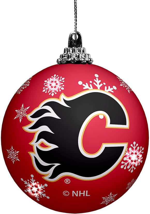 Calgary Flames Primary Logo Light Up Single Ball Christmas Ornament Snowy