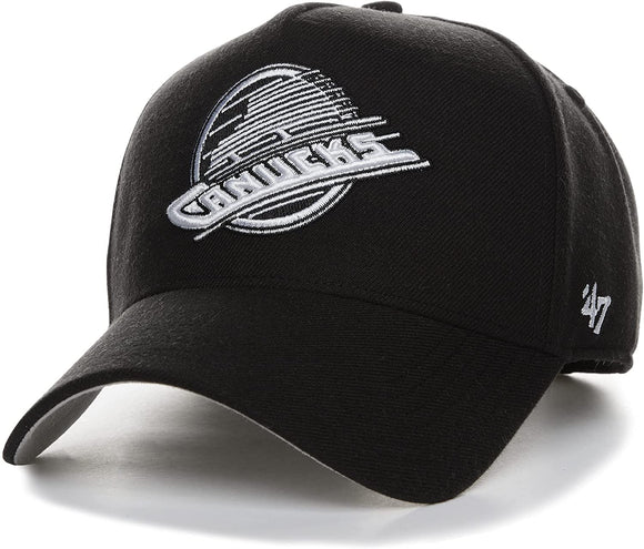 Vancouver Canucks Heritage Logo '47 NHL MVP Black White Structured Adjustable Strap One Size Fits Most Hat Cap