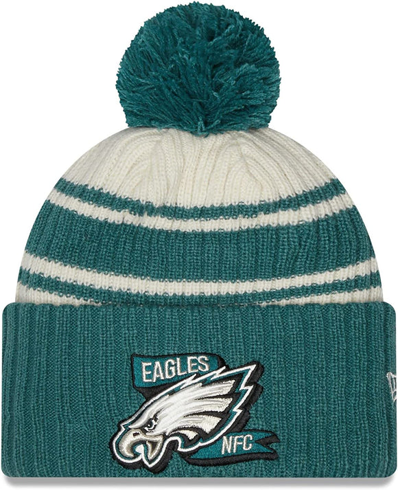 Men's Philadelphia Eagles New Era Cream/Green 2022 Sideline Sport Cuffed Pom Knit Hat