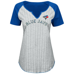 Women's Toronto Blue Jays Majestic Gray/Royal From the Stretch V-Notch T-Shirt - Bleacher Bum Collectibles, Toronto Blue Jays, NHL , MLB, Toronto Maple Leafs, Hat, Cap, Jersey, Hoodie, T Shirt, NFL, NBA, Toronto Raptors