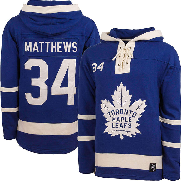 Men's '47 Auston Matthews Blue Toronto Maple Leafs Player Name & Number Lacer Pullover Hoodie Size: Extra Large