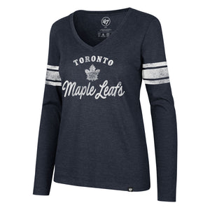 Women's Toronto Maple Leafs Spirit Script Club Stripe Long Sleeve T-Shirt - Bleacher Bum Collectibles, Toronto Blue Jays, NHL , MLB, Toronto Maple Leafs, Hat, Cap, Jersey, Hoodie, T Shirt, NFL, NBA, Toronto Raptors