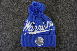 Golden State Warriors NBA Basketball Logo & Word Mark Pom Toque Beanie By Mitchell & Ness - Bleacher Bum Collectibles, Toronto Blue Jays, NHL , MLB, Toronto Maple Leafs, Hat, Cap, Jersey, Hoodie, T Shirt, NFL, NBA, Toronto Raptors