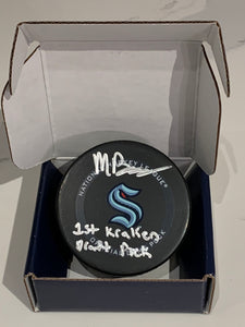 Matt Beniers Seattle Kraken Autographed Official Game Puck with "1st Kraken Draft Pick" Inscription