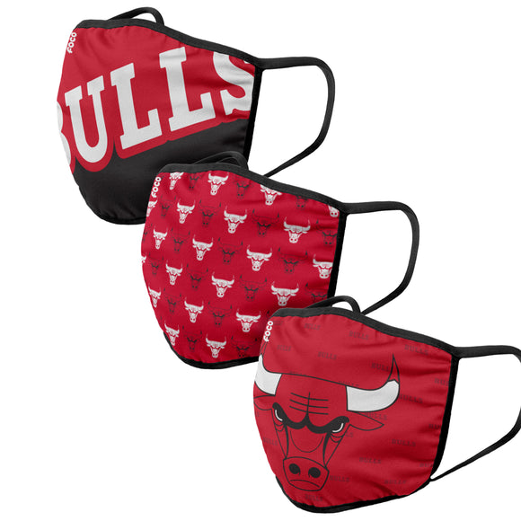 Chicago Bulls NBA Basketball Foco Pack of 3 Adult Face Covering Mask