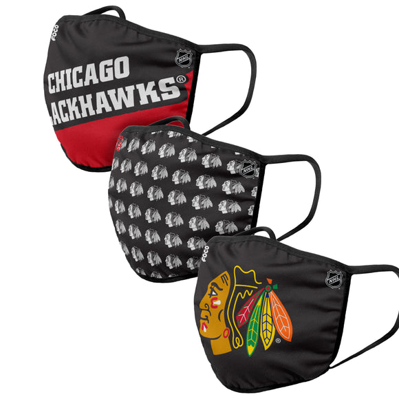 Chicago Blackhawks NHL Hockey Foco Pack of 3 Adult Face Covering Mask Version 2