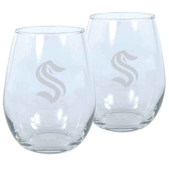 Seattle Kraken NHL Hockey Stemless Wine Glass Set of Two 17oz in Gift Box