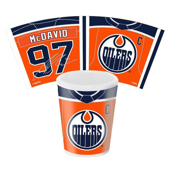 Edmonton Oilers Connor McDavid 1.5oz White Sublimated Shot Glass NHL Hockey - Bleacher Bum Collectibles, Toronto Blue Jays, NHL , MLB, Toronto Maple Leafs, Hat, Cap, Jersey, Hoodie, T Shirt, NFL, NBA, Toronto Raptors