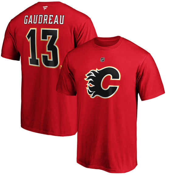 Johnny Gaudreau Calgary Flames Logo Fanatics Branded Authentic Stack Name and Number - T-Shirt - Red
