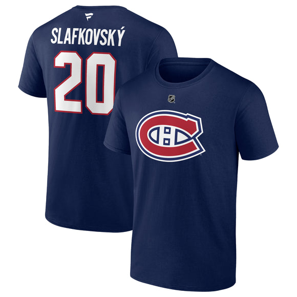 Men's Montreal Canadiens Juraj Slafkovsky Fanatics Branded Navy Authentic Stack – Name & Number T-Shirt