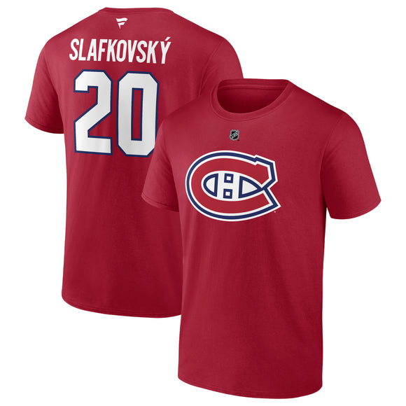 Men's Montreal Canadiens Juraj Slafkovsky Fanatics Branded Red Authentic Stack – Name & Number T-Shirt
