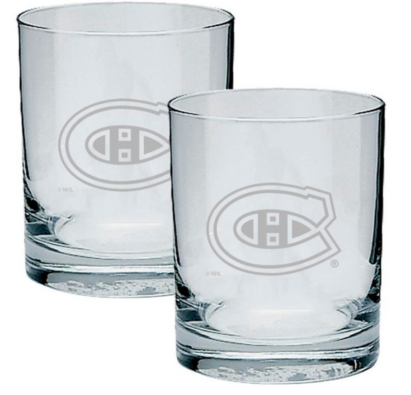 Montreal Canadiens Logo NHL Hockey Rocks Glass Set of Two 13.5 oz in Gift Box