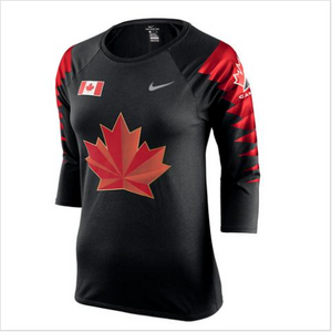 Team Canada Nike Women's 2018 Olympic Black 3/4 Raglan T Shirt - Bleacher Bum Collectibles, Toronto Blue Jays, NHL , MLB, Toronto Maple Leafs, Hat, Cap, Jersey, Hoodie, T Shirt, NFL, NBA, Toronto Raptors