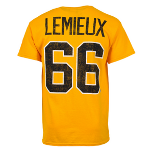 Men's Mario Lemieux Pittsburgh Penguins Gold Vintage Retro Name & Number T Shirt - Bleacher Bum Collectibles, Toronto Blue Jays, NHL , MLB, Toronto Maple Leafs, Hat, Cap, Jersey, Hoodie, T Shirt, NFL, NBA, Toronto Raptors