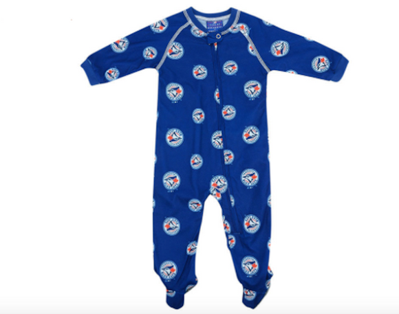 Toronto Blue Jays All Over Logo Raglan Full Zip Up Coverall - Newborn & Infant Sizes - Bleacher Bum Collectibles, Toronto Blue Jays, NHL , MLB, Toronto Maple Leafs, Hat, Cap, Jersey, Hoodie, T Shirt, NFL, NBA, Toronto Raptors