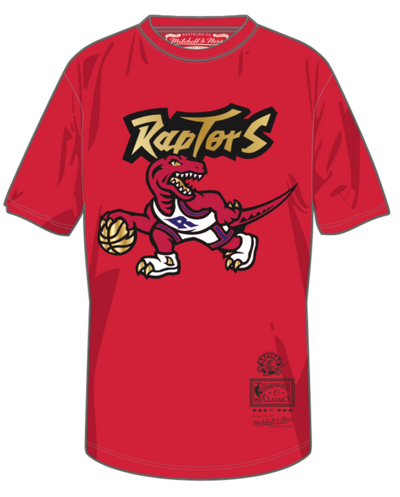 Men's Toronto Raptors Mitchell & Ness Red & Gold Hardwood Classics Retro Logo T-Shirt - Bleacher Bum Collectibles, Toronto Blue Jays, NHL , MLB, Toronto Maple Leafs, Hat, Cap, Jersey, Hoodie, T Shirt, NFL, NBA, Toronto Raptors