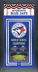 Toronto Blue Jays Back to Back World Series Banner 6.75" x 13" Mini Glass Front Frame - Bleacher Bum Collectibles, Toronto Blue Jays, NHL , MLB, Toronto Maple Leafs, Hat, Cap, Jersey, Hoodie, T Shirt, NFL, NBA, Toronto Raptors