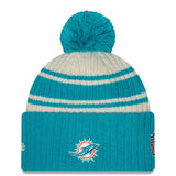 Men's Miami Dolphins New Era Cream/Aqua 2022 Sideline Sport Cuffed Pom Knit Hat