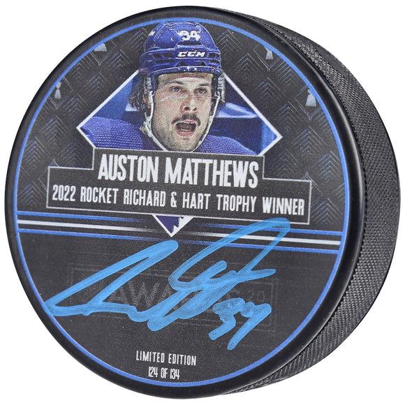 Auston Matthews Toronto Maple Leafs Autographed 2022 Hart Trophy Winner Hockey Puck - Limited Edition of 134