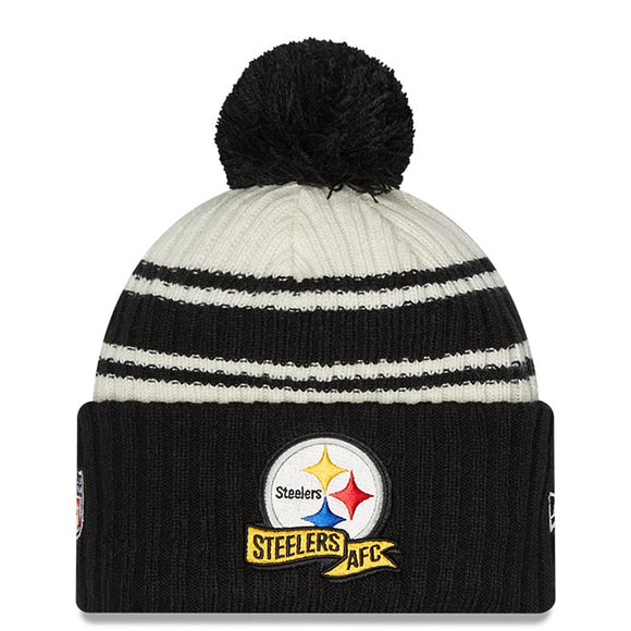 Men's Pittsburgh Steelers New Era Cream/Black 2022 Sideline Sport Cuffed Pom Knit Hat