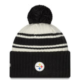 Men's Pittsburgh Steelers New Era Cream/Black 2022 Sideline Sport Cuffed Pom Knit Hat
