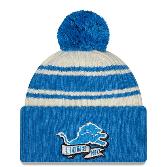 Men's Detroit Lions New Era Cream/Blue 2022 Sideline Sport Cuffed Pom Knit Hat