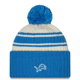 Men's Detroit Lions New Era Cream/Blue 2022 Sideline Sport Cuffed Pom Knit Hat