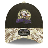 Men's Baltimore Ravens New Era Black/Camo 2022 Salute To Service 9FORTY Snapback Trucker Hat