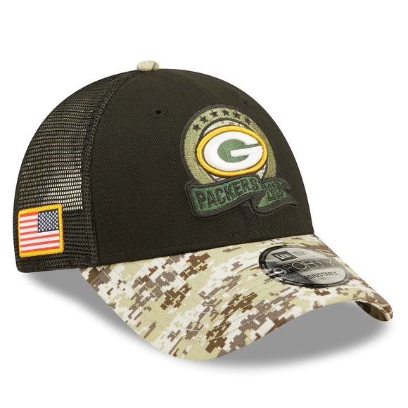 Men's Green Bay Packers New Era Black/Camo 2022 Salute To Service 9FORTY Snapback Trucker Hat