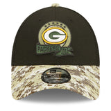 Men's Green Bay Packers New Era Black/Camo 2022 Salute To Service 9FORTY Snapback Trucker Hat