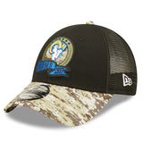 Men's Los Angeles Rams New Era Black/Camo 2022 Salute To Service 9FORTY Snapback Trucker Hat