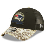 Men's New England Patriots New Era Black/Camo 2022 Salute To Service 9FORTY Snapback Trucker Hat