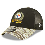 Men's Pittsburgh Steelers New Era Black/Camo 2022 Salute To Service 9FORTY Snapback Trucker Hat