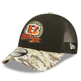 Men's Cincinnati Bengals New Era Black/Camo 2022 Salute To Service 9FORTY Snapback Trucker Hat