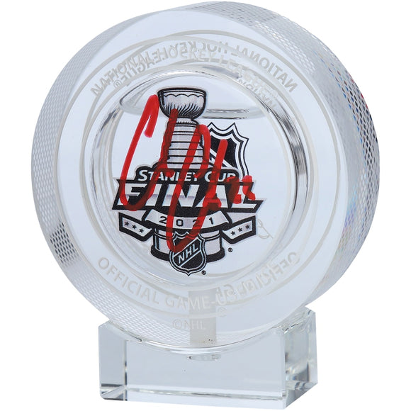 Cole Caufield Montreal Canadiens Autographed 2021 Stanley Cup Final Bound Dueling Crystal Puck - Filled with Game-Used Ice from the 2021 Stanley Cup Final