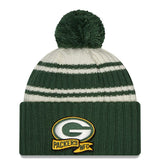 Men's Green Bay Packers New Era Cream/Green 2022 Sideline Sport Cuffed Pom Knit Hat