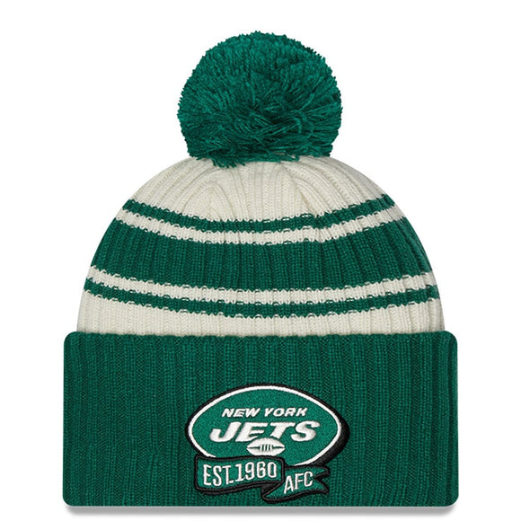 Men's New York Jets New Era Cream/Green 2022 Sideline Sport Cuffed Pom Knit Hat